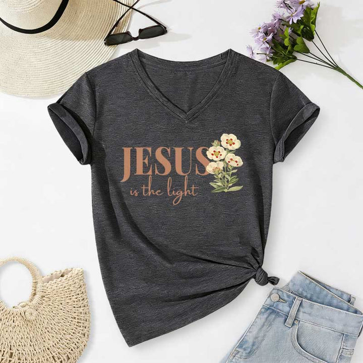 Christianartworkshop Jesus Is The Light Floral Casual V-neck T-shirt - Dark Grey - 2XL - image 22