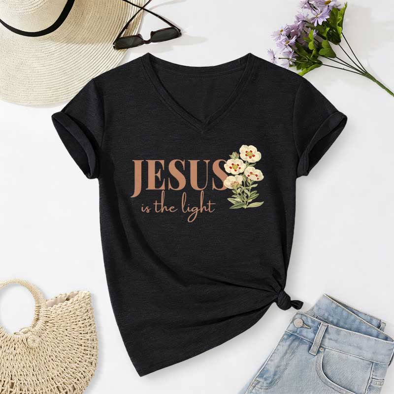 Christianartworkshop Jesus Is The Light Floral Casual V-neck T-shirt - Black - 2XL - image 14