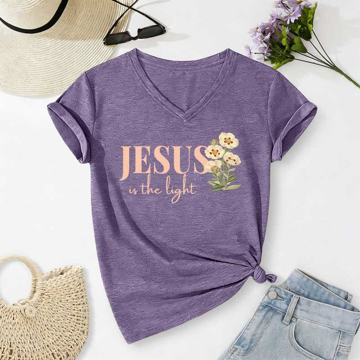 Christianartworkshop Jesus Is The Light Floral Casual V-neck T-shirt - Purple - 2XL - image 18