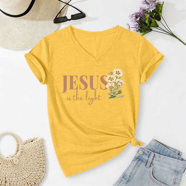 Christianartworkshop Jesus Is The Light Floral Casual V-neck T-shirt - Yellow - 2XL - image 8