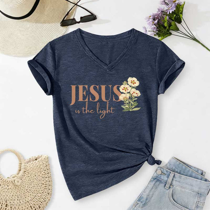 Christianartworkshop Jesus Is The Light Floral Casual V-neck T-shirt - Navy Blue - 2XL - image 20
