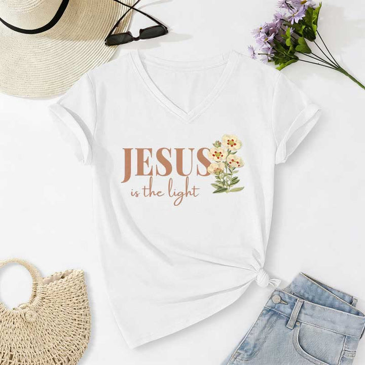 Christianartworkshop Jesus Is The Light Floral Casual V-neck T-shirt - White - 2XL - image 4