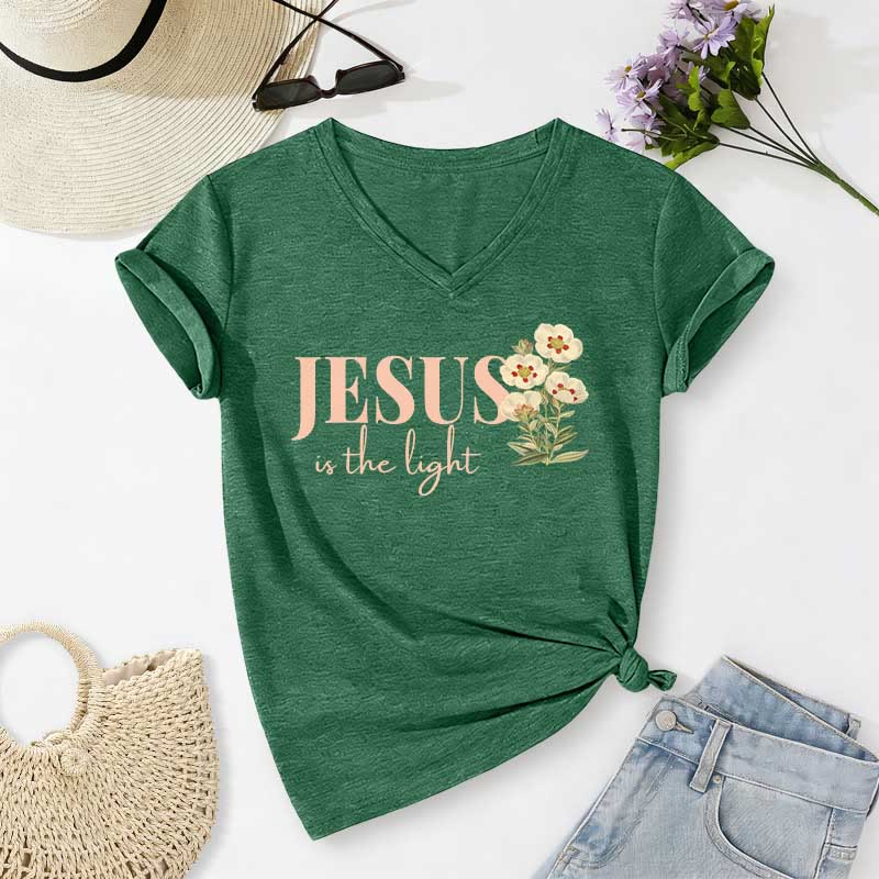 Christianartworkshop Jesus Is The Light Floral Casual V-neck T-shirt - Dark Green - 2XL - image 16