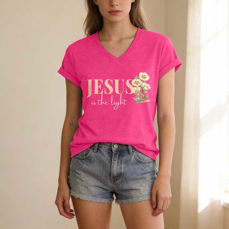 Christianartworkshop Jesus Is The Light Floral Casual V-neck T-shirt - image 1