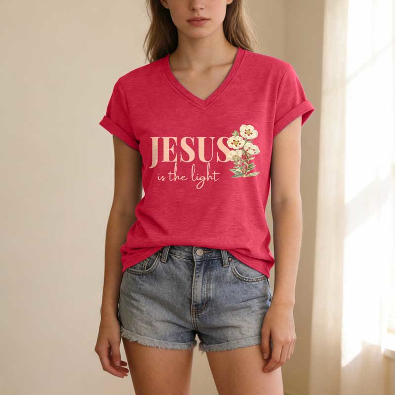 Christianartworkshop Jesus Is The Light Floral Casual V-neck T-shirt - image 25