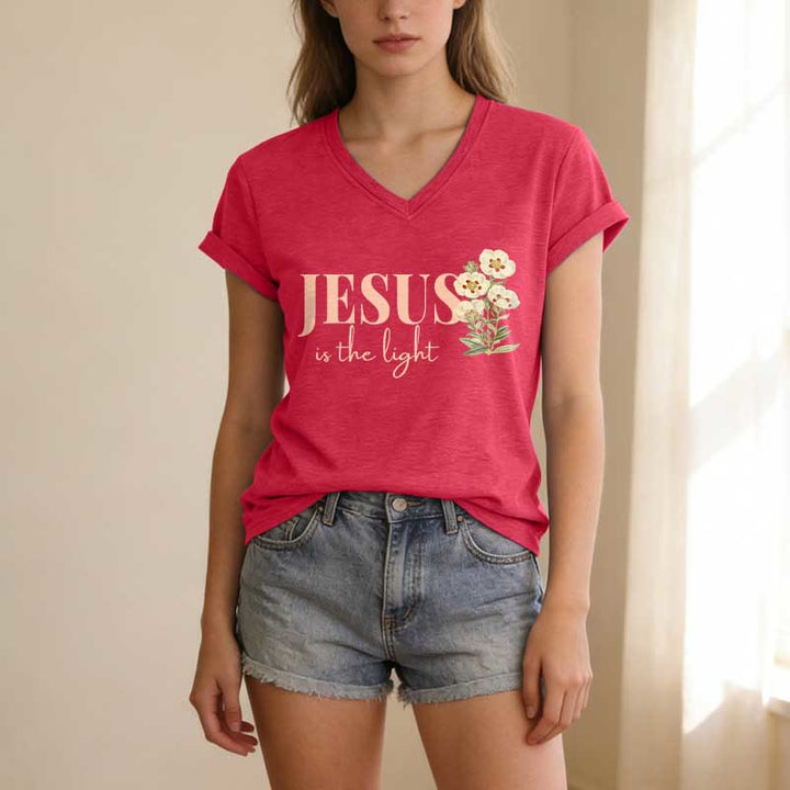 Christianartworkshop Jesus Is The Light Floral Casual V-neck T-shirt - image 25