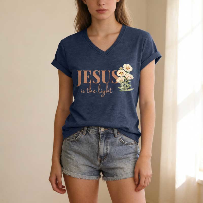 Christianartworkshop Jesus Is The Light Floral Casual V-neck T-shirt - image 21