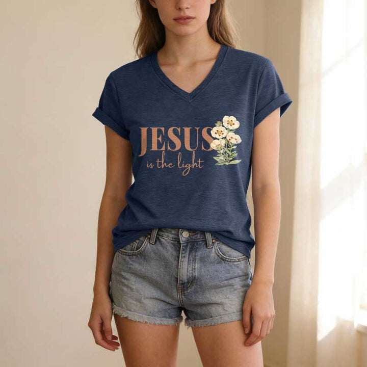 Christianartworkshop Jesus Is The Light Floral Casual V-neck T-shirt - image 21