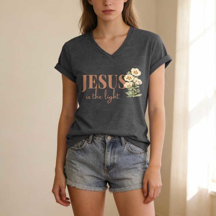 Christianartworkshop Jesus Is The Light Floral Casual V-neck T-shirt - image 23