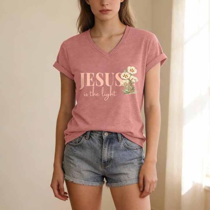Christianartworkshop Jesus Is The Light Floral Casual V-neck T-shirt - image 13