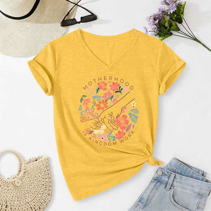 Christianartworkshop Motherhood Is Kingdom Work Floral Hand Casual V-neck T-shirt - Yellow - 2XL - image 6
