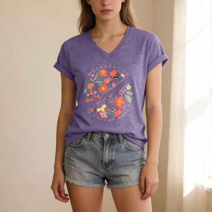 Christianartworkshop Motherhood Is Kingdom Work Floral Hand Casual V-neck T-shirt - image 17