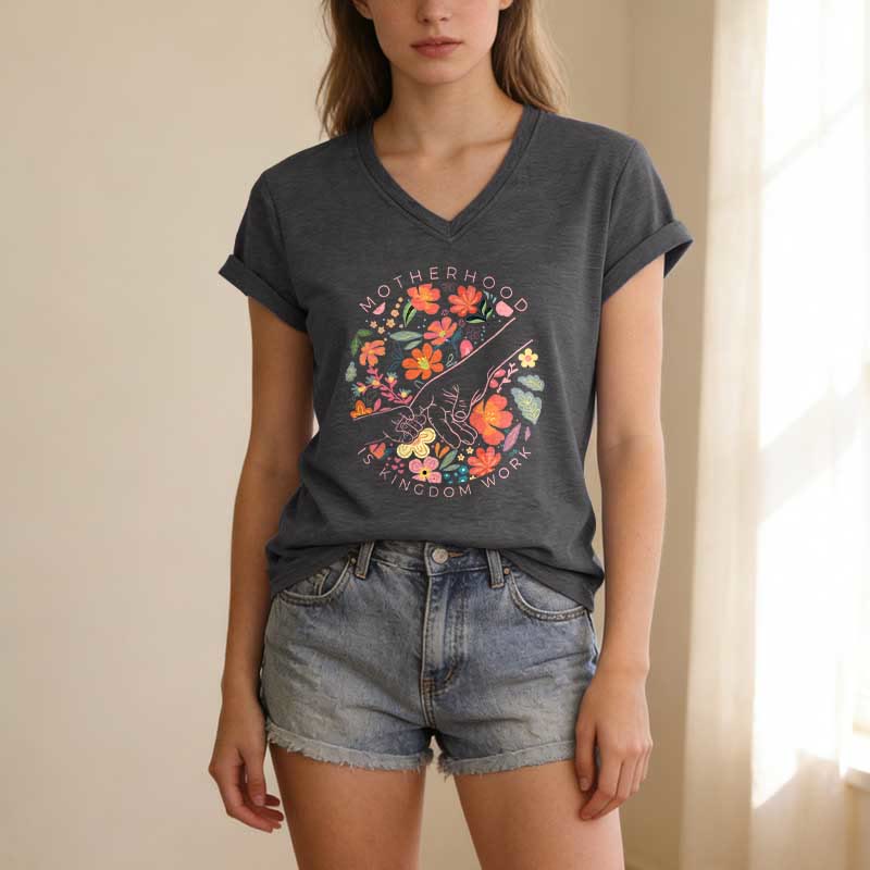 Christianartworkshop Motherhood Is Kingdom Work Floral Hand Casual V-neck T-shirt - image 21
