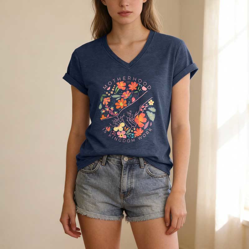 Christianartworkshop Motherhood Is Kingdom Work Floral Hand Casual V-neck T-shirt - image 19