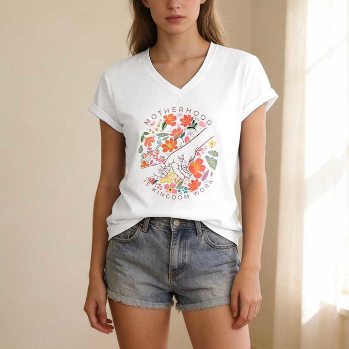 Christianartworkshop Motherhood Is Kingdom Work Floral Hand Casual V-neck T-shirt - image 1