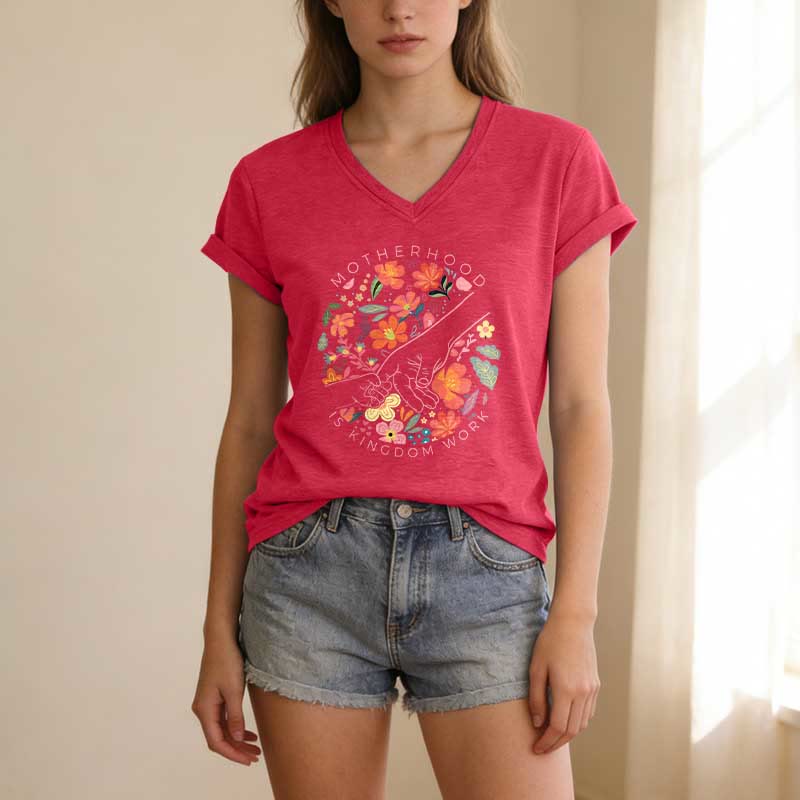 Christianartworkshop Motherhood Is Kingdom Work Floral Hand Casual V-neck T-shirt - image 23