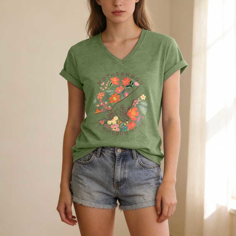 Christianartworkshop Motherhood Is Kingdom Work Floral Hand Casual V-neck T-shirt - image 3