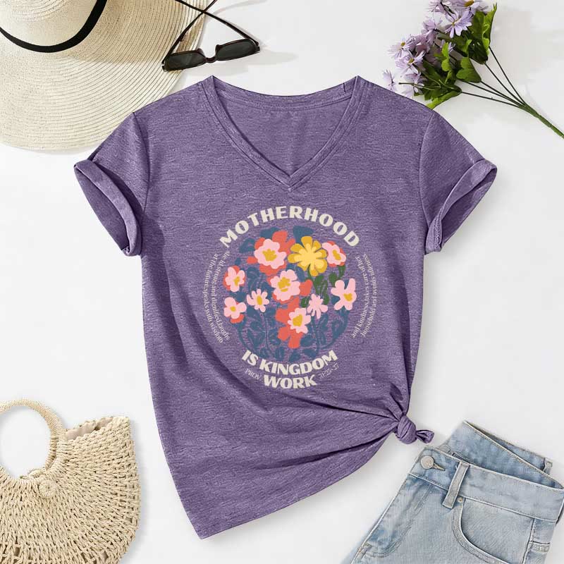 Christianartworkshop Boho Floral Motherhood Is Kingdom Work Casual V-neck T-shirt - Purple - 2XL - image 16