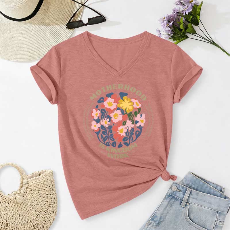 Christianartworkshop Boho Floral Motherhood Is Kingdom Work Casual V-neck T-shirt - Light Pink - 2XL - image 12