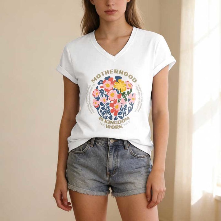 Christianartworkshop Boho Floral Motherhood Is Kingdom Work Casual V-neck T-shirt - image 5