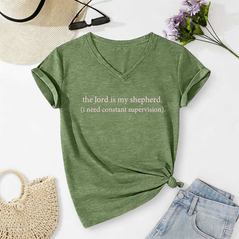 Christianartworkshop The Lord Is My Shepherd I Need Constant Supervision Casual V-neck T-shirt - Olive Green - 2XL - image 2