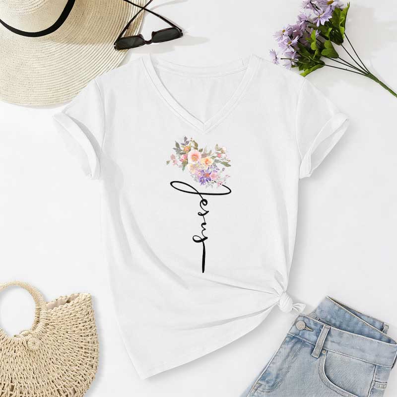 Christianartworkshop Jesus Cursive Floral Casual V-neck T-shirt - White - 2XL - image 2