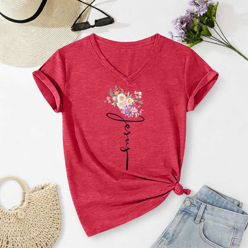 Christianartworkshop Jesus Cursive Floral Casual V-neck T-shirt - Red - 2XL - image 22