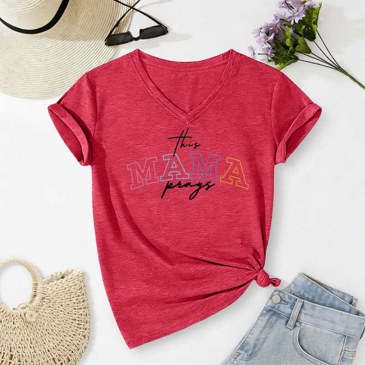 Christianartworkshop This Mama Prays Cross Casual V-neck T-shirt - Red - 2XL - image 22