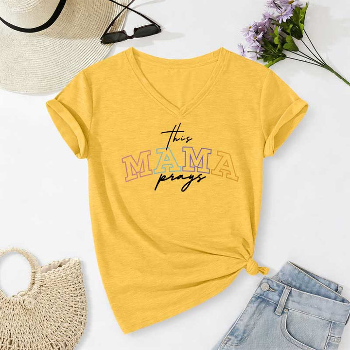 Christianartworkshop This Mama Prays Cross Casual V-neck T-shirt - Yellow - 2XL - image 6