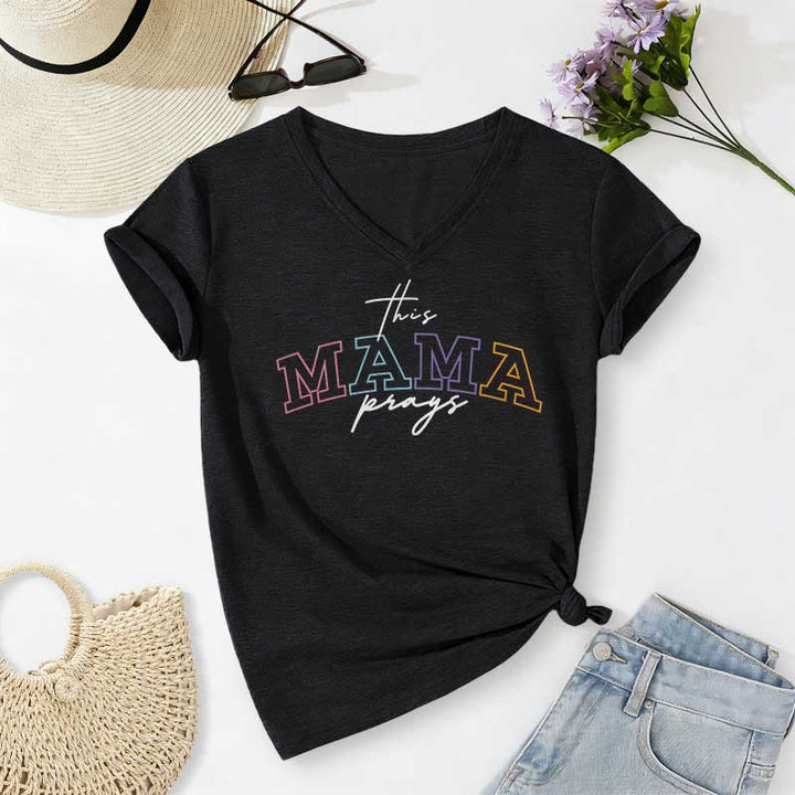 Christianartworkshop This Mama Prays Cross Casual V-neck T-shirt - Black - 2XL - image 12