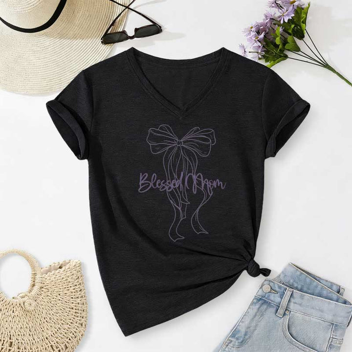 Christianartworkshop Blessed Mom Bow Graphic Casual V-neck T-shirt - Black - 2XL - image 14