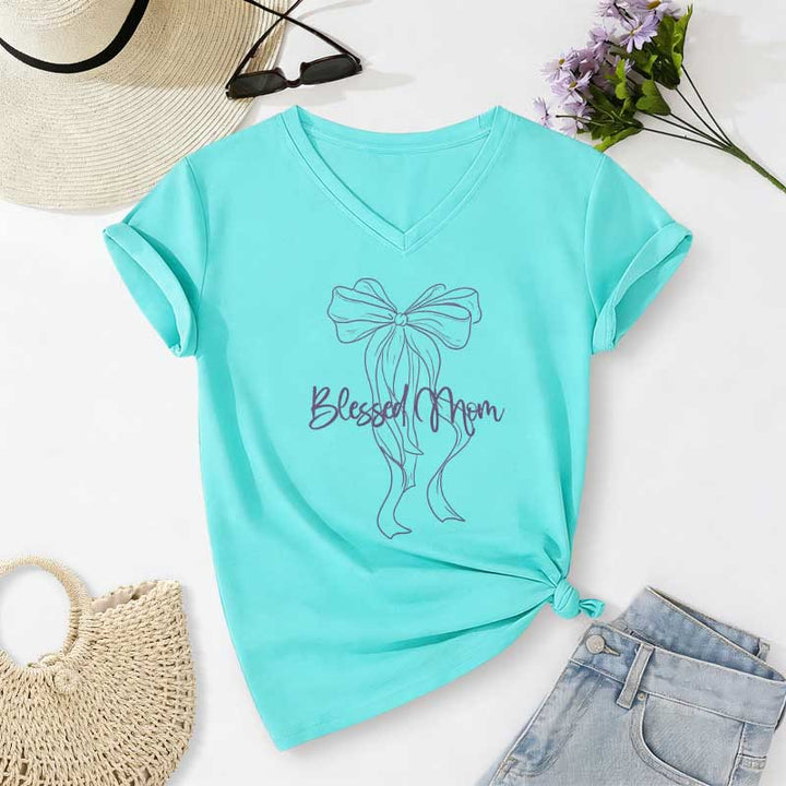 Christianartworkshop Blessed Mom Bow Graphic Casual V-neck T-shirt - Sky Blue - 2XL - image 10