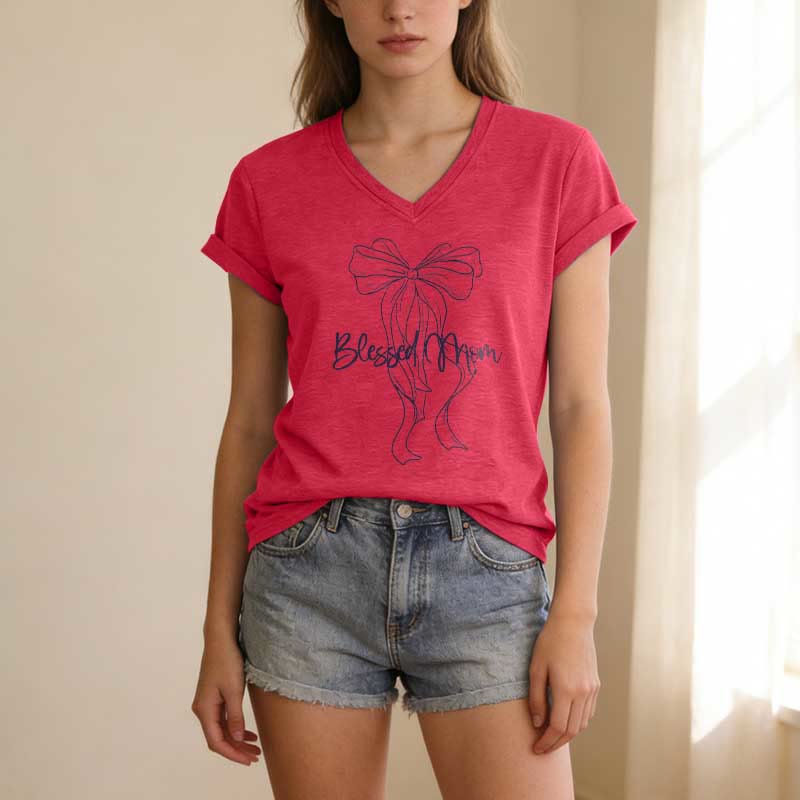 Christianartworkshop Blessed Mom Bow Graphic Casual V-neck T-shirt - image 23