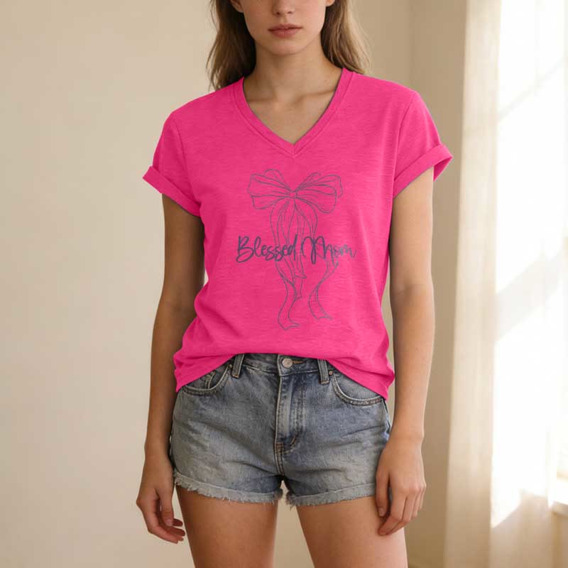 Christianartworkshop Blessed Mom Bow Graphic Casual V-neck T-shirt - image 25