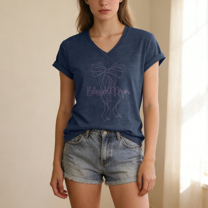 Christianartworkshop Blessed Mom Bow Graphic Casual V-neck T-shirt - image 19