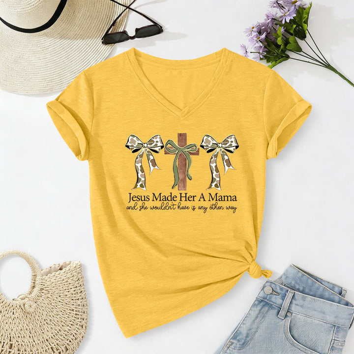 Christianartworkshop Jesus Made Her A Mama Cross Bow Casual V-neck T-shirt - Yellow - 2XL - image 0