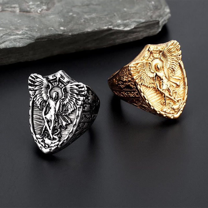 Christianartworkshop Shield Archangel St. Michael Ring: Two Tone Option Sacred Guardian Faith Finger Jewelry - image 1