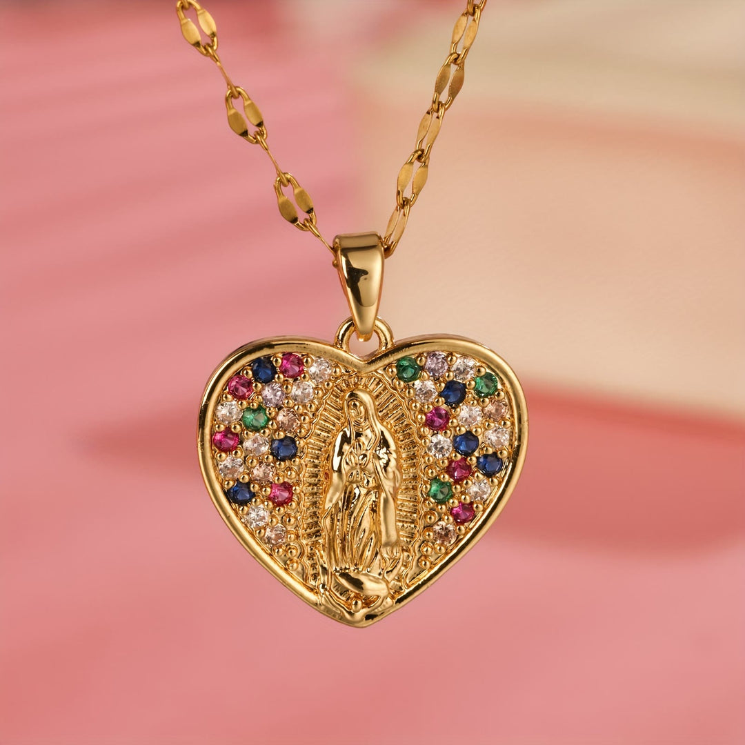 Christianartworkshop Heart Shaped Virgin Mary Necklace With Colorful Zircon: Sacred Symbol Of Marian Grace Faith Pendant - image 3