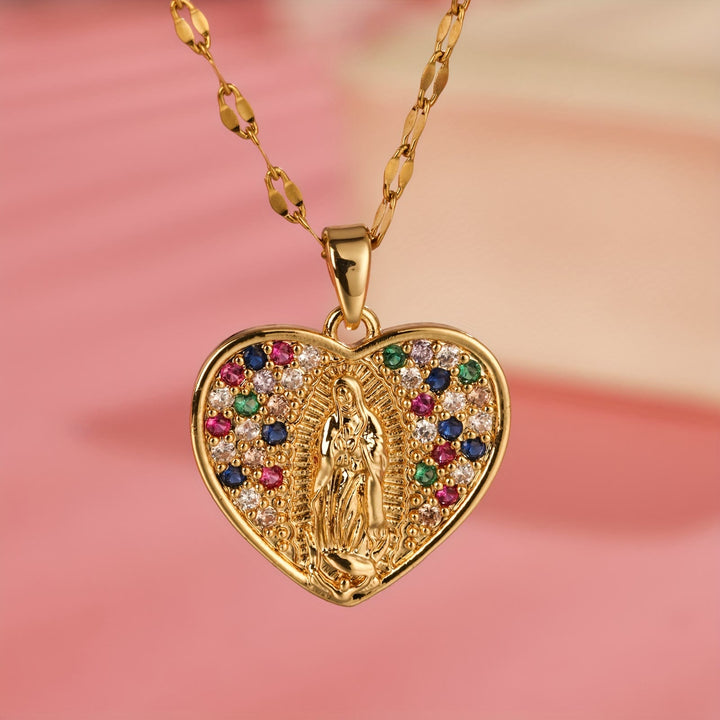 Christianartworkshop Heart Shaped Virgin Mary Necklace With Colorful Zircon: Sacred Symbol Of Marian Grace Faith Pendant - image 3