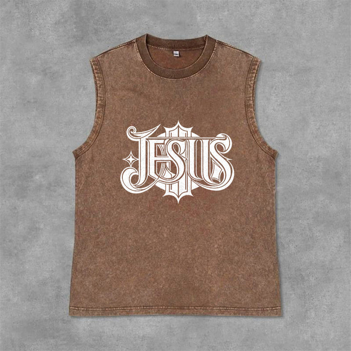 Christianartworkshop JESUS Gothic Letter Unisex Washed Tank Top - Brown - 2XL - image 6