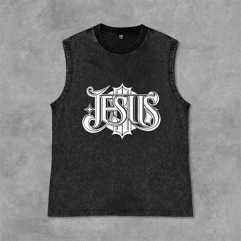 Christianartworkshop JESUS Gothic Letter Unisex Washed Tank Top - Black - 2XL - image 0
