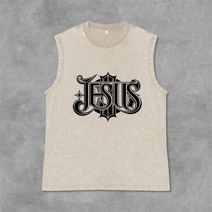 Christianartworkshop JESUS Gothic Letter Unisex Washed Tank Top - Beige - 2XL - image 9