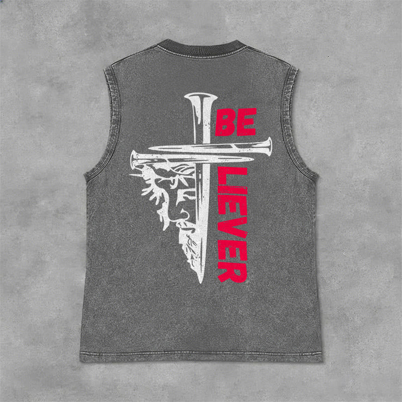 Christianartworkshop Be Believer Nail Cross Unisex Washed Tank Top - Grey - 2XL - image 6