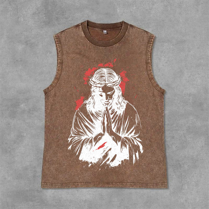 Christianartworkshop Crown Of Thorns Jesus Graphic Washed Tank Top - Brown - 2XL - image 9