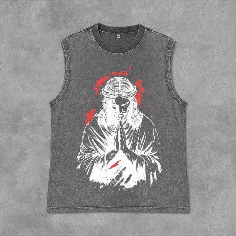 Christianartworkshop Crown Of Thorns Jesus Graphic Washed Tank Top - Grey - 2XL - image 6