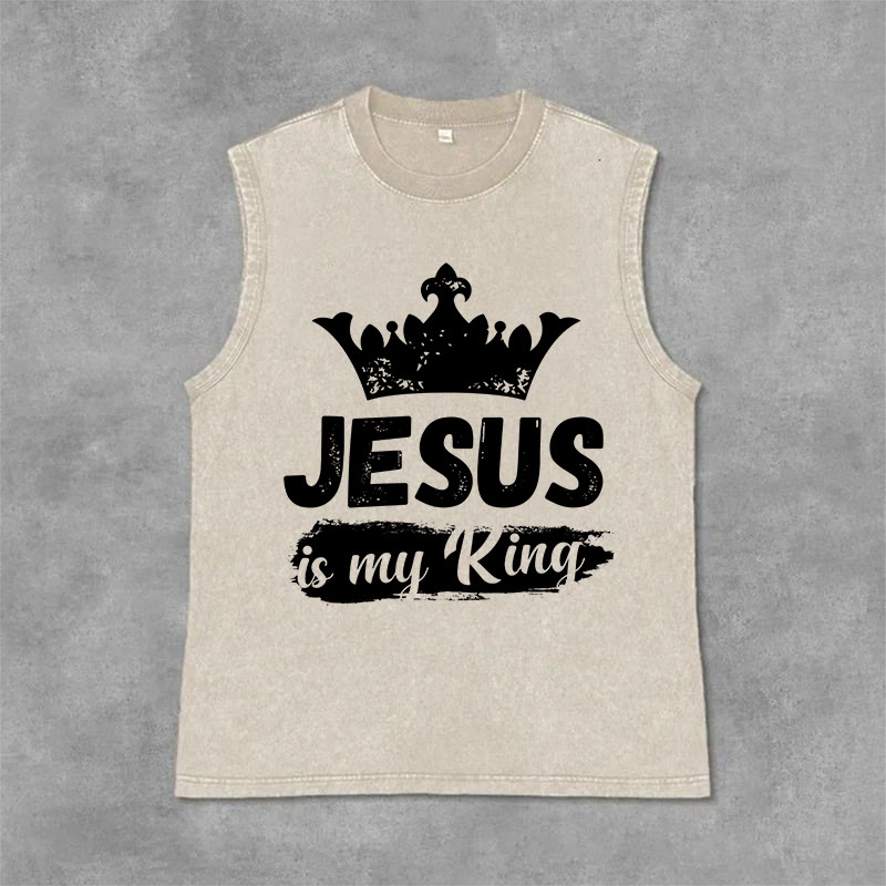 Christianartworkshop Jesus Is My King Crown Unisex Washed Tank Top - Beige - 2XL - image 3