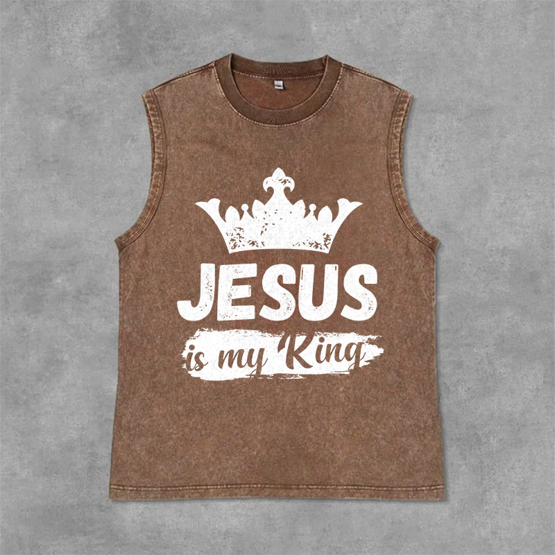 Christianartworkshop Jesus Is My King Crown Unisex Washed Tank Top - Brown - 2XL - image 0