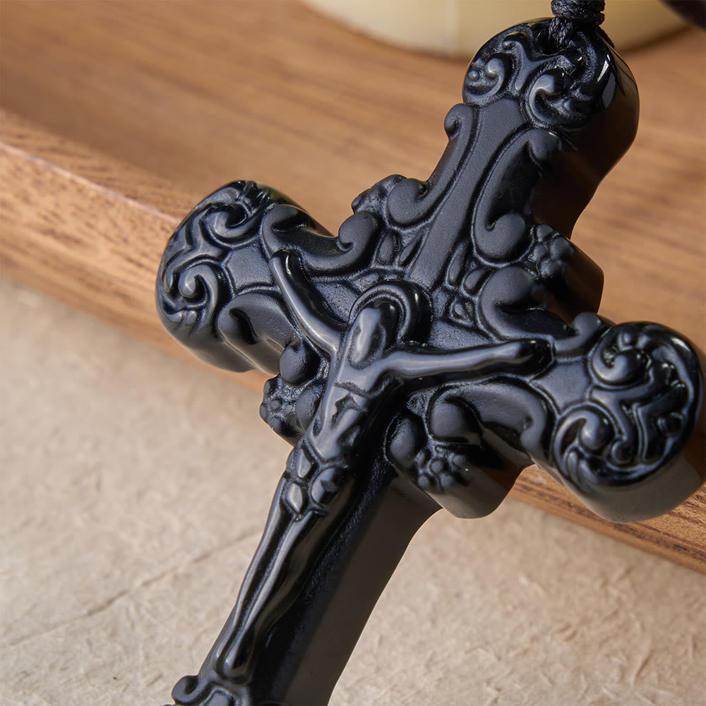 Christianartworkshop Classic Style Crafted Obsidian Crucifix Pendant Necklace - image 10
