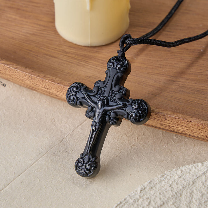 Christianartworkshop Classic Style Crafted Obsidian Crucifix Pendant Necklace - image 7