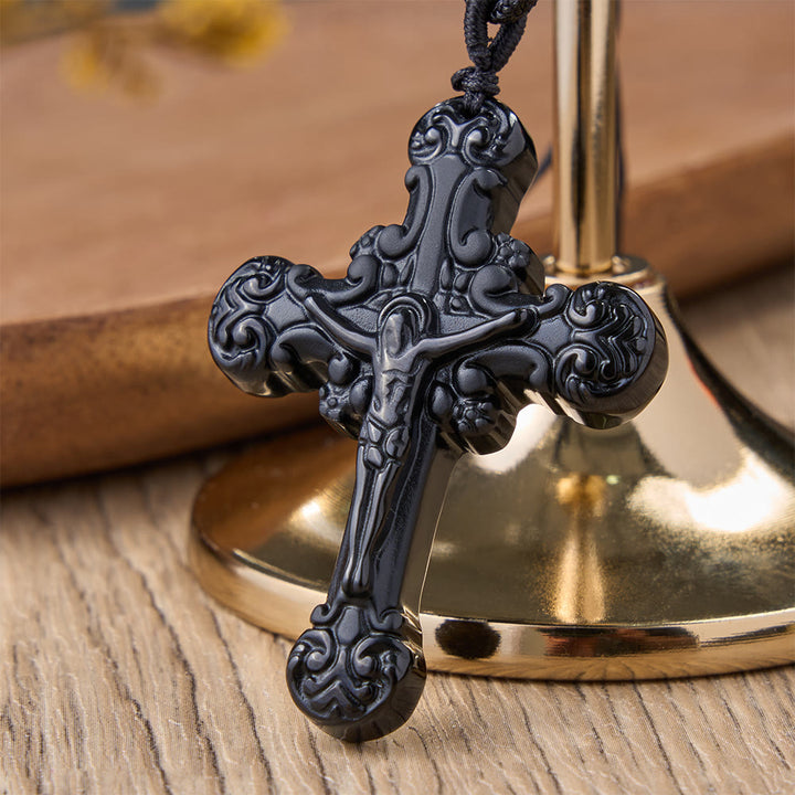 Christianartworkshop Classic Style Crafted Obsidian Crucifix Pendant Necklace - image 2
